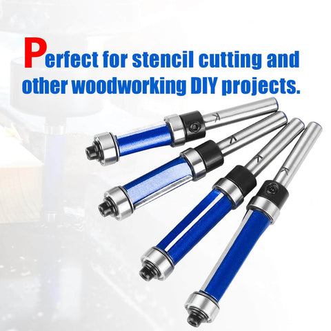 Top And Bottom Bearing Flush Trim Router Bit Set With One Quarter Inch Shank, Carbide Cutter, One Half Inch Cutting Diameter, four lengths, blue handle, displayed diagonally on a white background