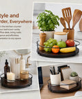 Sweetly Spinning 10 Inch Lazy Susan Turntable Organizer For Kitchen Counters Cabinets And Pantries With Silent 360 Swivel Handles, wood and metal kitchen organizer with fruits and utensils.