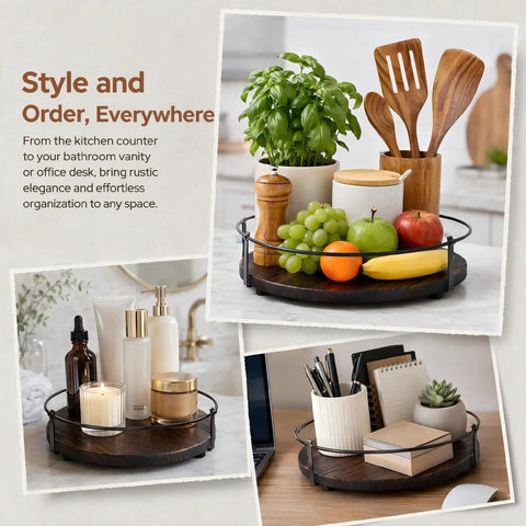 Sweetly Spinning 10 Inch Lazy Susan Turntable Organizer For Kitchen Counters Cabinets And Pantries With Silent 360 Swivel Handles, wood and metal kitchen organizer with fruits and utensils.