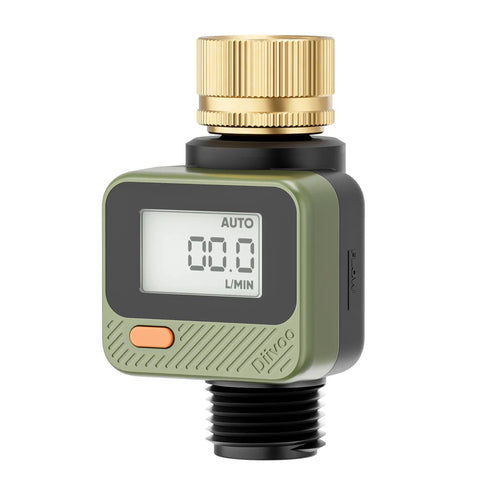 Water Flow Meter With 180 Degree Removable LCD Panel, IP54 weatherproof, shows flow rate and water volume for garden hose use