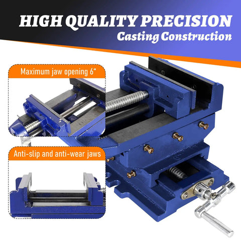 Close-up of Heavy Duty Cast Iron Drill Press Vise Featuring Six Inch Max Jaw Opening And Slick Two Way Xy Sliding Base.