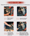40mm/44mm wheel bearing greaser kit four-panel infographic showing front and rear greasing steps.