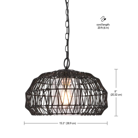 1 Light Outdoor Indoor Plug In Pendant Light With Black Woven Fabric Shade, Matte Black Finish, 20 Foot Designer Cord, Weather Resistant