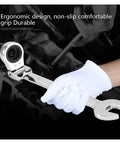 Person holding ratchet spanner from Ratchet Spanner Set 5 7 12 Piece Kit For Car Repair, Easy Grip Wrenches, Universal Socket Tools.