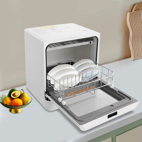 Countertop Dishwasher With Four Power Wash Cycles And Smart Touch Control, Portable Mini Sink Swap For Cozy Kitchens And Units, Compact Footprint Preserves Floor Room While Keeping Dishes Fresh For Days, Makes Chores A Piece Of Cake With Rock Solid, featuring clean plates in stainless basket.