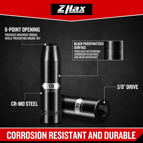 Beefy 10 Piece One Quarter And Three Eighth Inch Drive Impact Socket Set, 10mm, black phosphated finish, CR-MO steel, 6-point detail