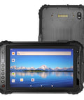 Tank Like 8 Inch Rugged Tablet Android 11 Industrial Workhorse Featuring Octa Core Chip 8GB Ram 256GB Storage IP65 Weatherproof Shell 10000Mah Juice Tank 4G LTE GPS NFC Dual Camera Built For Hard Knocks And Dead Simple Operations displayed with a front and back view.
