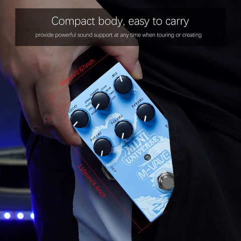 Person holding the Dope Compact Guitar Reverb Pedal With 9 Digital Effects Room Hall Plate Spring Shimmer Cloud Bloom Swell And Lo Fi For Electric Bass And Acoustic Guitars True Bypass Dual Power Metal Enclosure close-up.
