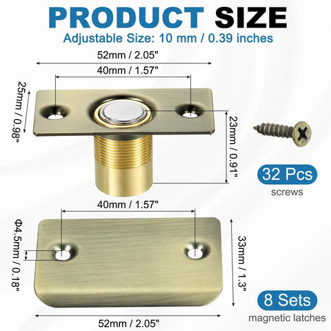 Magnetic Door Ball Catch Kit 8 Pack for Top Of Doors and Invisible Cabinet Doors with dimensions and parts shown