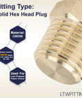 Pro Grade Solid Brass Pipe Plugs Quarter Inch Male NPT Thread Heavy Duty Japan Import No Lead Hex Head Bulk Fittings Built Like A Tank With Smooth Threads For Real Deal Plumbing 500 Piece Batch close-up of solid hex head plug with smooth threads.