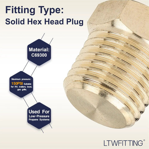 Pro Grade Solid Brass Pipe Plugs Quarter Inch Male NPT Thread Heavy Duty Japan Import No Lead Hex Head Bulk Fittings Built Like A Tank With Smooth Threads For Real Deal Plumbing 500 Piece Batch close-up of solid hex head plug with smooth threads.