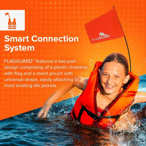 Child in water wearing Bright Orange Life Jacket Safety Flag With Adjustable Pouch And Universal Straps, smiling
