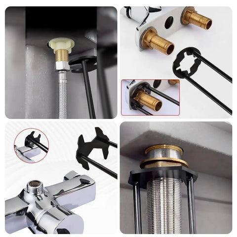 Image showing Two Pack Basin Wrench Set For Tight Spaces Universal Faucet Nut Tool with Four Jaw Hex Spanner in use on plumbing fittings.
