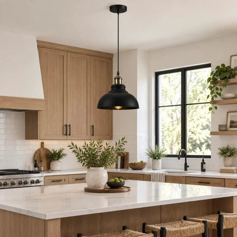 Black Industrial Metal Pendant Light, E26 Curvy Adjustable Ceiling Fixture hanging over a kitchen island with plants.
