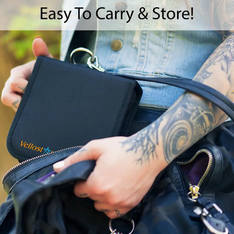 Person placing Compact Sewing Kit For Beginners Portable Travel Essentials into a bag, highlighting easy storage and portability.