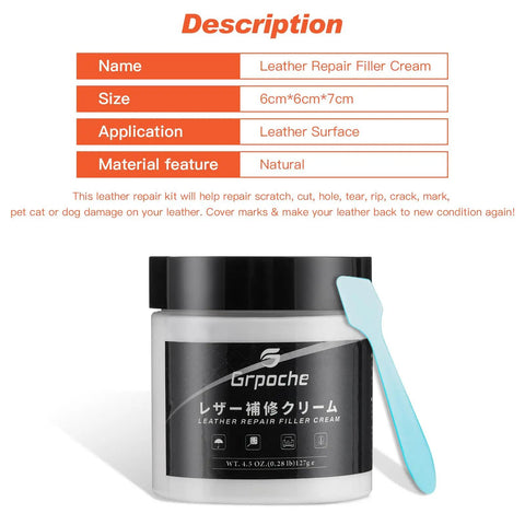 Heavy Duty Leather Filler And Repair Paste 4.5 Oz in container with blue applicator for fixing leather damages.