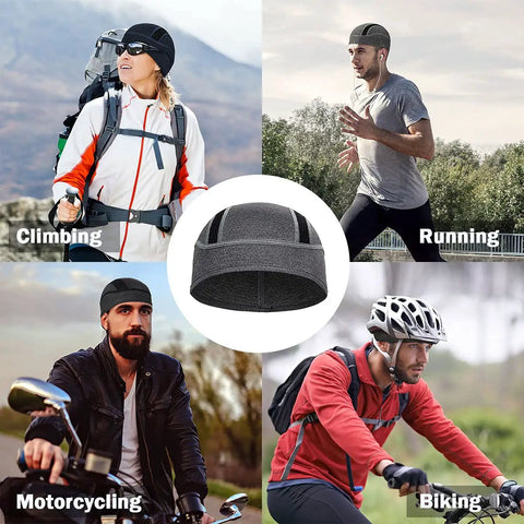 Cooling Mesh Helmet Liner Beanie For Men And Women Sweat Wicking Skull Cap Under Helmets For Cycling Running And Workouts Breathable Gear To Fight Sweat Odor And Discomfort displayed with activities like climbing, running, motorcycling, and biking.