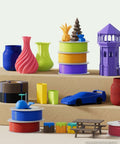 Colorful 3D printed objects and stacked spools; compatible with PLA Basic Refill Filament 1.75mm Black 1kg for Reusable Spools and Most 3D Printers