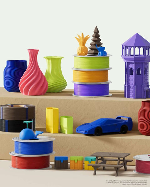 Colorful 3D printed objects and stacked spools; compatible with PLA Basic Refill Filament 1.75mm Black 1kg for Reusable Spools and Most 3D Printers