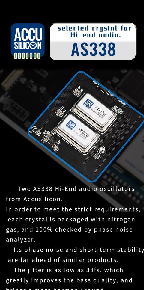 Close-up of AS338 crystal on Premium USB Audio Interface With DDC Tech DSD512 And PCM768KHz Support XU216 K2 Chipset board.
