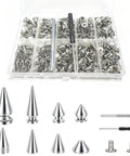 Knockout Punk Rock Spikes And Studs Kit With 364 Pieces for leather projects showing various silver spikes and tools.