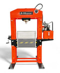 Heavy Duty 100 Ton Shop Press With Dual Hydraulic Rams And 125 PSI Air Assist, front view showcasing welded steel frame and hydraulic components.