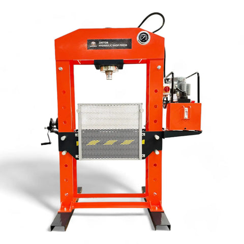 Heavy Duty 100 Ton Shop Press With Dual Hydraulic Rams And 125 PSI Air Assist, front view showcasing welded steel frame and hydraulic components.