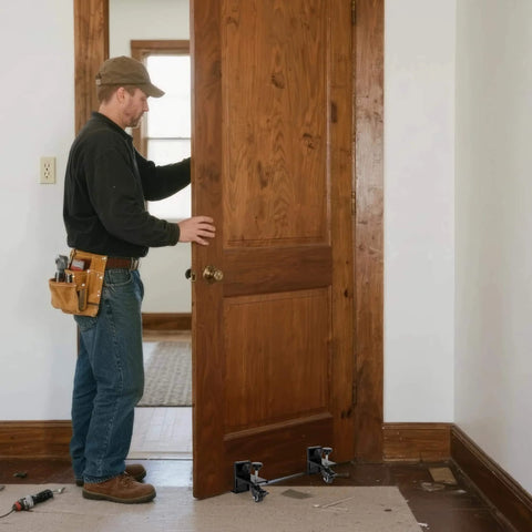 Heavy Duty Door Dolly Kit With Wheels For 0 To 2.12 Inch Thick Doors, 2 Piece Adjustable Door Installation Set in use, holding wooden door