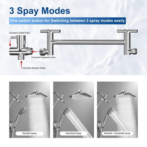 3 spray modes of 12 Inch High Pressure Rainfall Shower Head Handheld Combo with brass extension arm and stainless steel hose