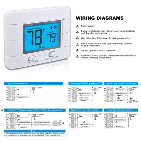 Non Programmable Thermostat For Home 24V 1 Heat 1 Cool Single Stage HVAC Control With Humidity Display and wiring diagrams