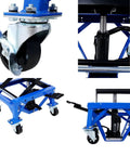 Beefy Hydraulic Motorcycle Scissor Jack Lift With Foot Step Lever And Four Wheels, blue, close-ups of wheels and hydraulic mechanism.