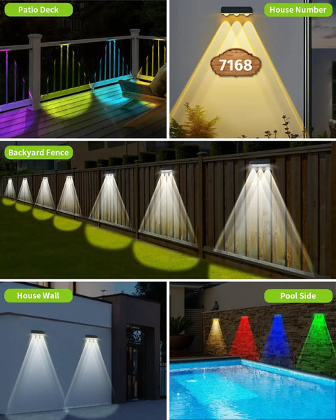 Legit Solar Fence Lights 12 Pack Dang Bright 3 LED Lens waterproof RGB lights on patio deck, backyard fence, and poolside.