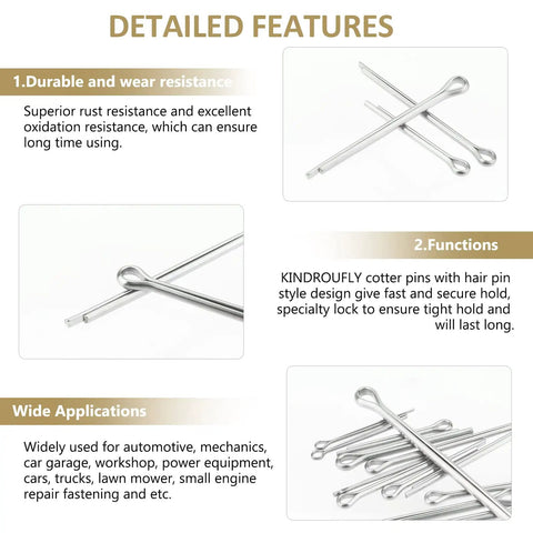 Detailed features of the 120 Piece Cotter Pins Assortment Kit 304 Stainless Steel 6 Sizes M1.6x25 M2.5x25 M2.5x40 M3.2x30 M3.2x40 M4x60 Durable For DIY Automotive Equipment Kindroufly, highlighting durability, function, and wide applications.