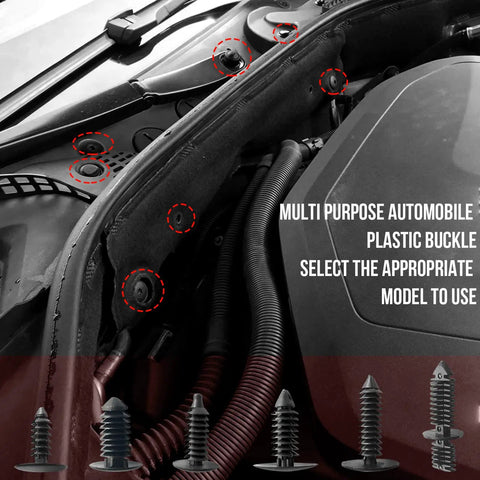 Street Legit 146 Piece Nylon Auto Body Clips for Bumper Shield Retainers, showing plastic buckles on a vehicle engine bay.