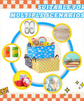 Three Pack Cartoon Canvas Storage Baskets With Leather Handles Waterproof Collapsible Organizer Bins For Closet And Bedroom shown with various storage uses.