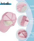 Pink Adjustable Womens Baseball Cap For Everyday Style with ventilation grid, sweatband, and adjustable buckle detailing.