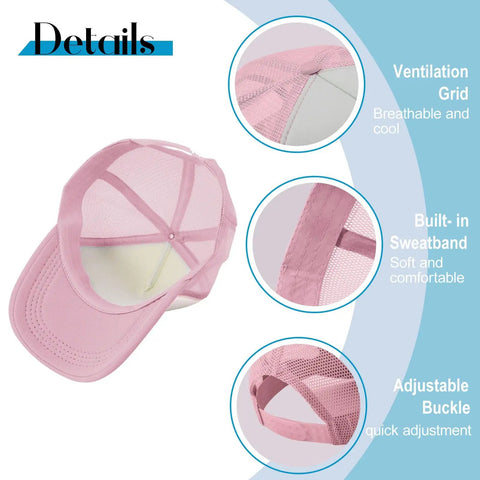 Pink Adjustable Womens Baseball Cap For Everyday Style with ventilation grid, sweatband, and adjustable buckle detailing.