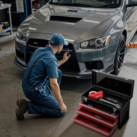 20 Inch Portable Metal Tool Box With Three Drawers And Top Tray, Grab And Go Latch Closed Organizer Chest For Garage, Home And Warehouse, Red And Black, Built Tough For Quick Access And A Clean, Efficient Workspace. mechanic inspecting car
