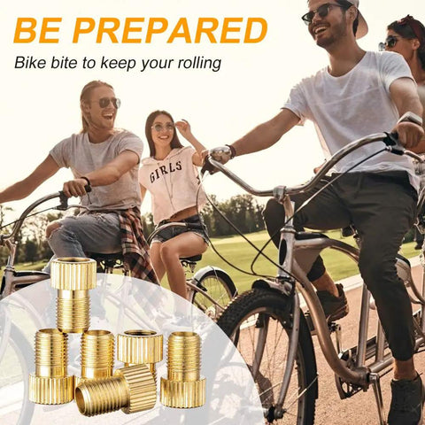 Cyclists riding with Presta To Schrader Bike Valve Adapter Brass Conversion shown; durable brass, compact, portable, leak-proof fit.