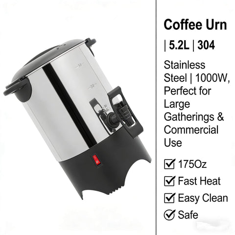 Big Capacity Electric Coffee Percolator Urn 5 Point 2 Liter 1000W Fast Heating Brews Up To 30 Cups Stainless Steel
