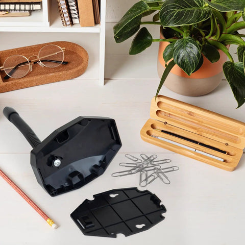 Universal Barcode Scanner Stand With Wall Mount And Built In Compartment, shown disassembled on desk with office supplies.
