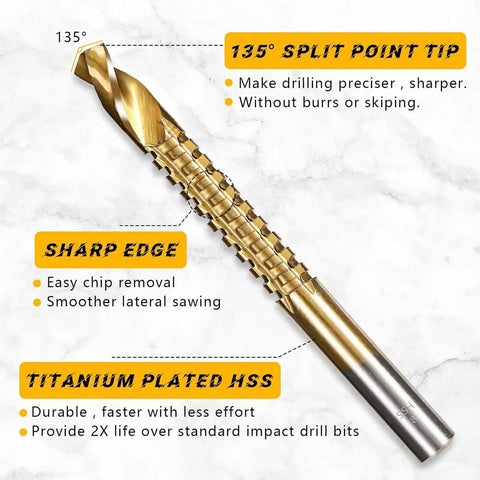 Close-up of 135° split point tip from Six Piece HSS Twist Drill Bit Set Titanium Coated Workhorse For Woodworking And Sheet Metal Drilling Precision Ground Multi Material Kit Built Damn Solid For Quick And Smooth Operations.