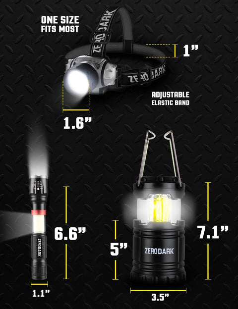 Three Piece Battery Powered LED Light Set With Flashlight Headlamp And Camping Lantern for Outdoor Adventures and Emergencies