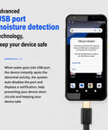 Boss Grade Android 16 Handheld Barcode Scanner For Enterprise highlighting USB moisture detection on its 6 inch screen.
