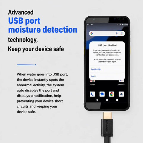 Boss Grade Android 16 Handheld Barcode Scanner For Enterprise highlighting USB moisture detection on its 6 inch screen.