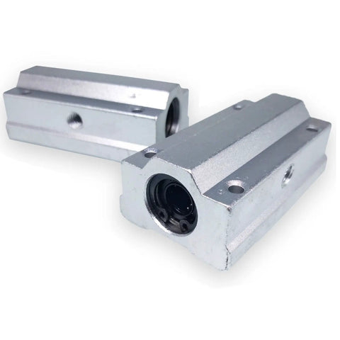Two Pack 8mm CNC Linear Ball Bearing Slide Set SC8LUU SCS8LUU Compatible, steel and aluminum, front angle view, light background