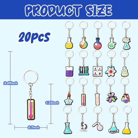 20 Pack Science Party Keychains Set Colorful Silicone Keyrings for Backpack and School Decor, includes varied science-themed charms