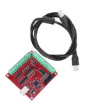 4 Axis CNC Motion Controller Board with USB cable for Stepper or Servo Motors, showing red board design and connection ports.