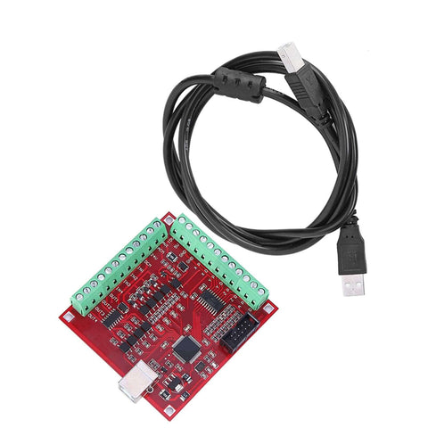 4 Axis CNC Motion Controller Board with USB cable for Stepper or Servo Motors, showing red board design and connection ports.