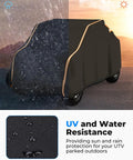Heavy Duty UTV Cover For 2 To 3 Seaters, Medium Size With Reflective Strip, showing waterproof and UV-resistant features outdoors